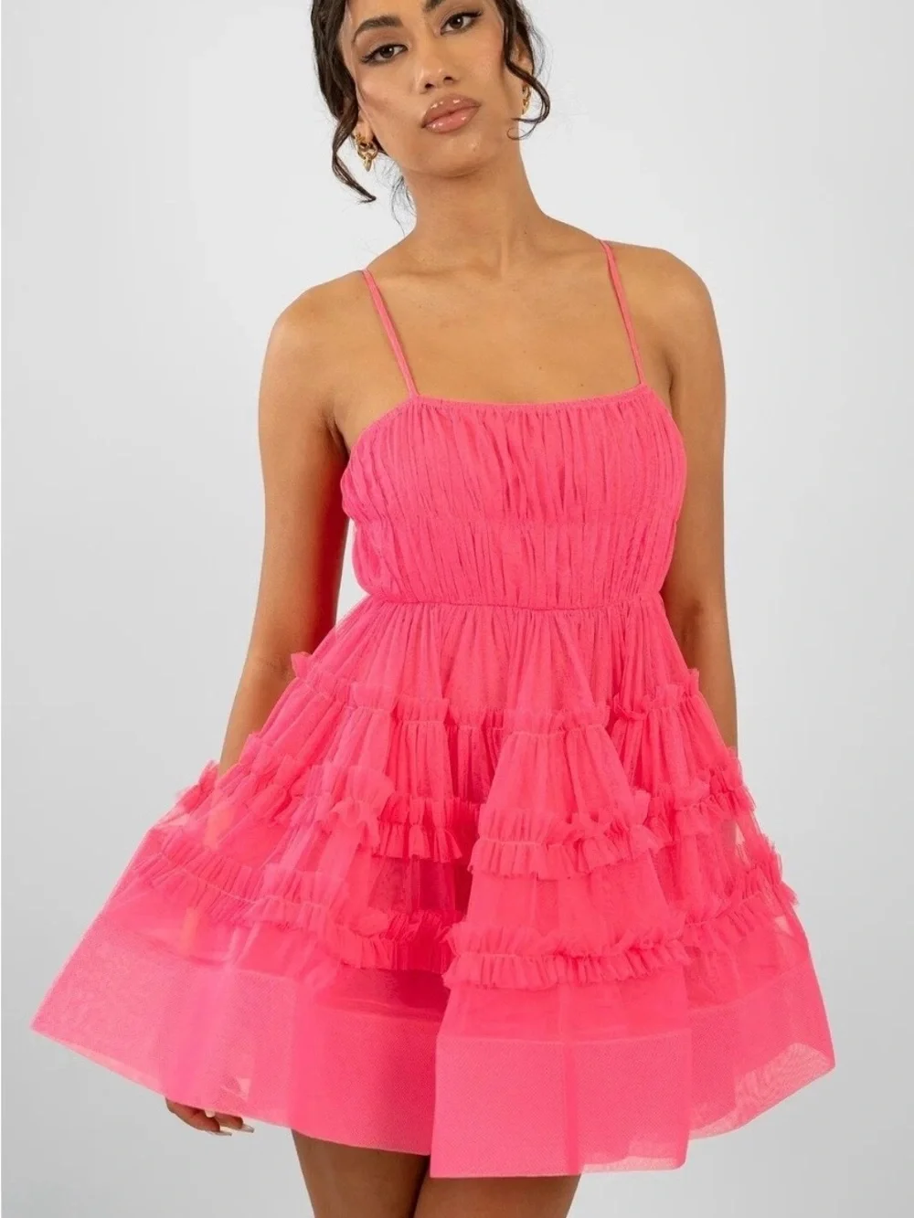 Women’s Rose velvet hot pink Mini Dress with Layered Ruffle Skirt. Size L. EUC